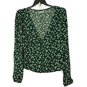 Reformation Nell V Neck Button Long Sleeve Top in Annette Green Floral - XLarge
